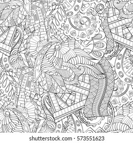 Tracery seamless calming pattern. Mehndi design. Ethnic monochrome binary doodle texture. Curved doodling black and white background. Vector.