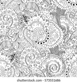 Tracery seamless calming pattern. Mehndi design. Ethnic monochrome binary doodle texture. Curved doodling black and white background. Vector.