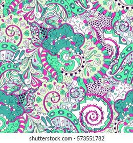 Tracery seamless calming pattern. Mehndi design. Ethnic colorful doodle texture. Curved doodling background. Vector.