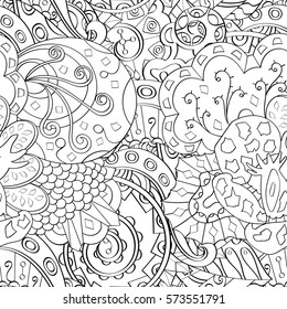 Tracery seamless calming pattern. Mehndi design. Ethnic monochrome binary doodle texture. Curved doodling black and white background. Vector.