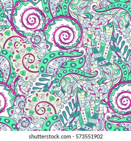 Tracery seamless calming pattern. Mehndi design. Ethnic colorful doodle texture. Curved doodling background. Vector.