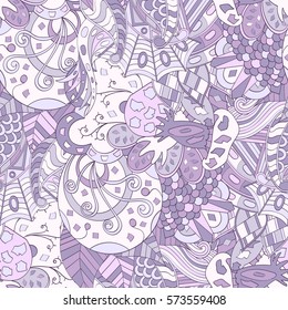 Tracery seamless calming pattern. Mehndi design. Ethnic colorful doodle texture. Curved doodling background. Vector.