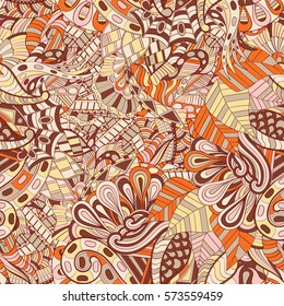 Tracery seamless calming pattern. Mehndi design. Ethnic colorful doodle texture. Curved doodling background. Vector.