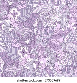 Tracery seamless calming pattern. Mehndi design. Ethnic colorful doodle texture. Curved doodling background. Vector.