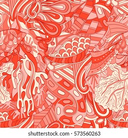 Tracery seamless calming pattern. Mehndi design. Ethnic colorful doodle texture. Curved doodling background. Vector.