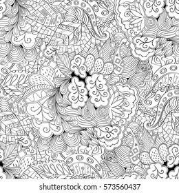 Tracery seamless calming pattern. Mehndi design. Ethnic monochrome binary doodle texture. Curved doodling black and white background. Vector.