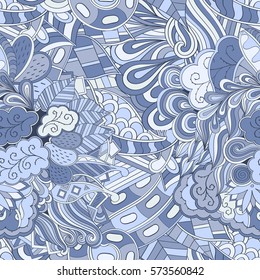 Tracery seamless calming pattern. Mehndi design. Ethnic colorful doodle texture. Curved doodling background. Vector.