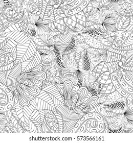 Tracery seamless calming pattern. Mehndi design. Ethnic monochrome binary doodle texture. Curved doodling black and white background. Vector.