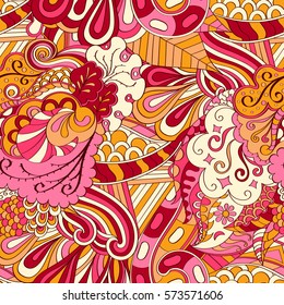 Tracery seamless calming pattern. Mehndi design. Ethnic colorful doodle texture. Curved doodling background. Vector.