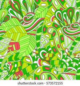 Tracery seamless calming pattern. Mehndi design. Ethnic colorful doodle texture. Curved doodling background. Vector.