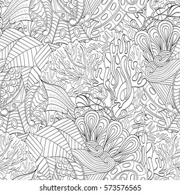 Tracery seamless calming pattern. Mehndi design. Ethnic monochrome binary doodle texture. Curved doodling black and white background. Vector.