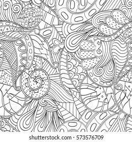 Tracery seamless calming pattern. Mehndi design. Ethnic monochrome binary doodle texture. Curved doodling black and white background. Vector.