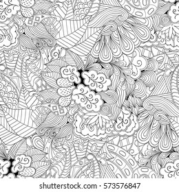 Tracery seamless calming pattern. Mehndi design. Ethnic monochrome binary doodle texture. Curved doodling black and white background. Vector.