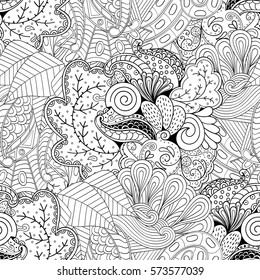 Tracery seamless calming pattern. Mehndi design. Ethnic monochrome binary doodle texture. Curved doodling black and white background. Vector.