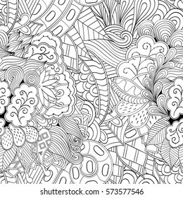 Tracery seamless calming pattern. Mehndi design. Ethnic monochrome binary doodle texture. Curved doodling black and white background. Vector.