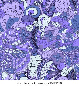 Tracery seamless calming pattern. Mehndi design. Ethnic colorful doodle texture. Curved doodling background. Vector.