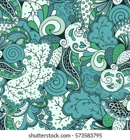Tracery seamless calming pattern. Mehndi design. Ethnic colorful doodle texture. Curved doodling background. Vector.