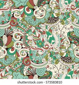 Tracery seamless calming pattern. Mehndi design. Ethnic colorful doodle texture. Curved doodling background. Vector.
