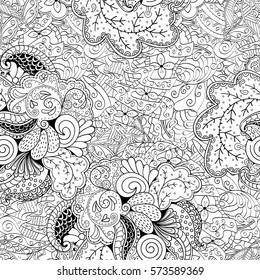 Tracery seamless calming pattern. Mehndi design. Ethnic monochrome binary doodle texture. Curved doodling black and white background. Vector.
