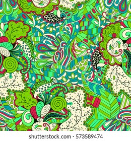 Tracery seamless calming pattern. Mehndi design. Ethnic colorful doodle texture. Curved doodling background. Vector.