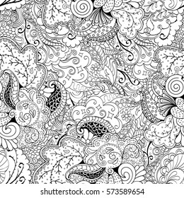 Tracery seamless calming pattern. Mehndi design. Ethnic monochrome binary doodle texture. Curved doodling black and white background. Vector.