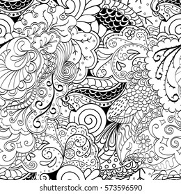 Tracery seamless calming pattern. Mehndi design. Ethnic monochrome binary doodle texture. Curved doodling black and white background. Vector.