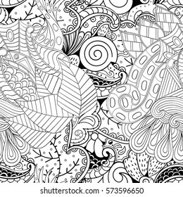Tracery seamless calming pattern. Mehndi design. Ethnic monochrome binary doodle texture. Curved doodling black and white background. Vector.
