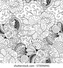 Tracery seamless calming pattern. Mehndi design. Ethnic monochrome binary doodle texture. Curved doodling black and white background. Vector.