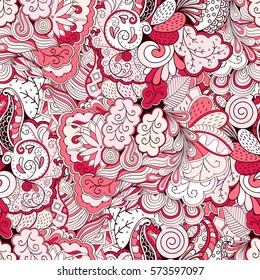 Tracery seamless calming pattern. Mehndi design. Ethnic colorful doodle texture. Curved doodling background. Vector.