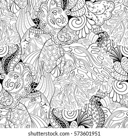 Tracery seamless calming pattern. Mehndi design. Ethnic monochrome binary doodle texture. Curved doodling black and white background. Vector.