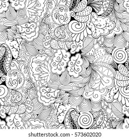 Tracery seamless calming pattern. Mehndi design. Ethnic monochrome binary doodle texture. Curved doodling black and white background. Vector.