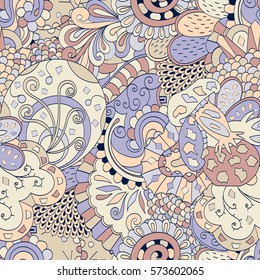 Tracery seamless calming pattern. Mehndi design. Ethnic colorful doodle texture. Curved doodling background. Vector.