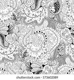 Tracery seamless calming pattern. Mehndi design. Ethnic monochrome binary doodle texture. Curved doodling black and white background. Vector.