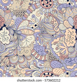 Tracery seamless calming pattern. Mehndi design. Ethnic colorful doodle texture. Curved doodling background. Vector.
