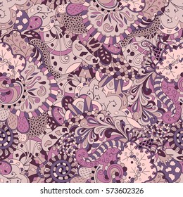 Tracery seamless calming pattern. Mehndi design. Ethnic colorful doodle texture. Curved doodling background. Vector.