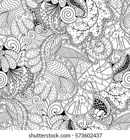 Tracery seamless calming pattern. Mehndi design. Ethnic monochrome binary doodle texture. Curved doodling black and white background. Vector.
