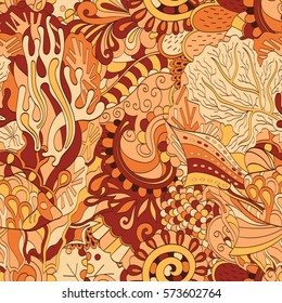 Tracery seamless calming pattern. Mehndi design. Ethnic colorful doodle texture. Curved doodling background. Vector.