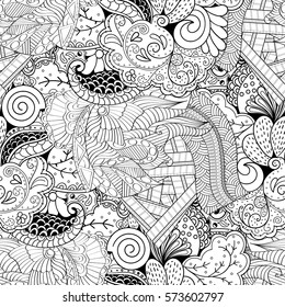 Tracery seamless calming pattern. Mehndi design. Ethnic monochrome binary doodle texture. Curved doodling black and white background. Vector.
