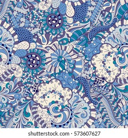 Tracery seamless calming pattern. Mehndi design. Ethnic colorful doodle texture. Curved doodling background. Vector.