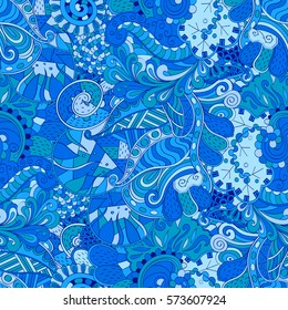 Tracery seamless calming pattern. Mehndi design. Ethnic colorful doodle texture. Curved doodling background. Vector.