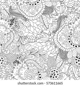 Tracery seamless calming pattern. Mehndi design. Ethnic monochrome binary doodle texture. Curved doodling black and white background. Vector.