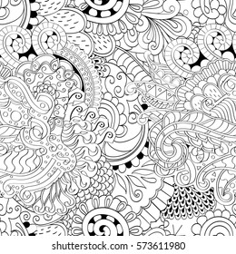 Tracery seamless calming pattern. Mehndi design. Ethnic monochrome binary doodle texture. Curved doodling black and white background. Vector.