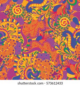Tracery seamless calming pattern. Mehndi design. Ethnic colorful doodle texture. Curved doodling background. Vector.