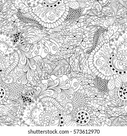 Tracery seamless calming pattern. Mehndi design. Ethnic monochrome binary doodle texture. Curved doodling black and white background. Vector.