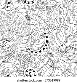 Tracery seamless calming pattern. Mehndi design. Ethnic monochrome binary doodle texture. Curved doodling black and white background. Vector.