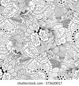 Tracery seamless calming pattern. Mehndi design. Ethnic monochrome binary doodle texture. Curved doodling black and white background. Vector.