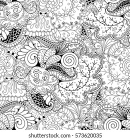 Tracery seamless calming pattern. Mehndi design. Ethnic monochrome binary doodle texture. Curved doodling black and white background. Vector.