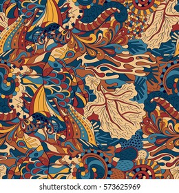 Tracery seamless calming pattern. Mehndi design. Ethnic colorful doodle texture. Curved doodling background. Vector.