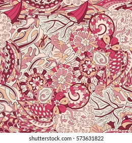 Tracery seamless calming pattern. Mehndi design. Ethnic colorful doodle texture. Curved doodling background. Vector.