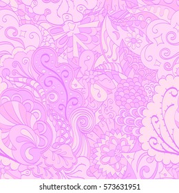Tracery seamless calming pattern. Mehndi design. Ethnic colorful doodle texture. Curved doodling background. Vector.